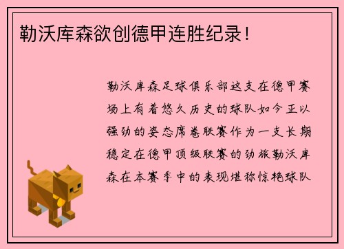 勒沃库森欲创德甲连胜纪录！
