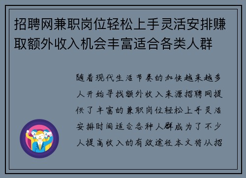 招聘网兼职岗位轻松上手灵活安排赚取额外收入机会丰富适合各类人群