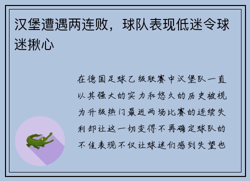 汉堡遭遇两连败，球队表现低迷令球迷揪心