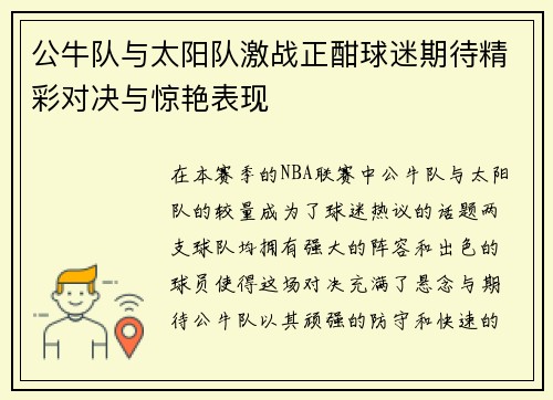 公牛队与太阳队激战正酣球迷期待精彩对决与惊艳表现