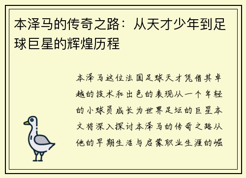 本泽马的传奇之路：从天才少年到足球巨星的辉煌历程
