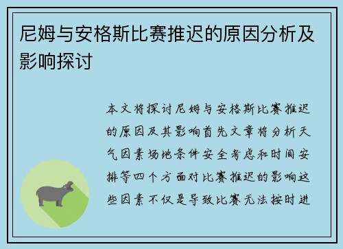 尼姆与安格斯比赛推迟的原因分析及影响探讨