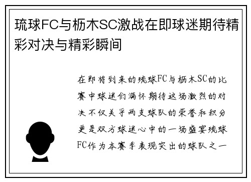 琉球FC与枥木SC激战在即球迷期待精彩对决与精彩瞬间