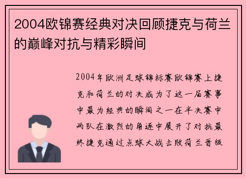 2004欧锦赛经典对决回顾捷克与荷兰的巅峰对抗与精彩瞬间