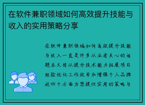 在软件兼职领域如何高效提升技能与收入的实用策略分享