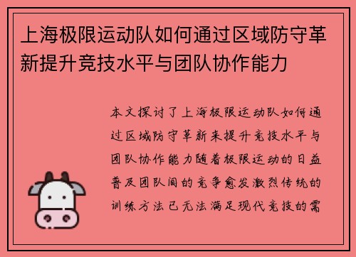 上海极限运动队如何通过区域防守革新提升竞技水平与团队协作能力
