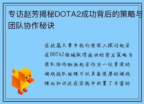 专访赵芳揭秘DOTA2成功背后的策略与团队协作秘诀
