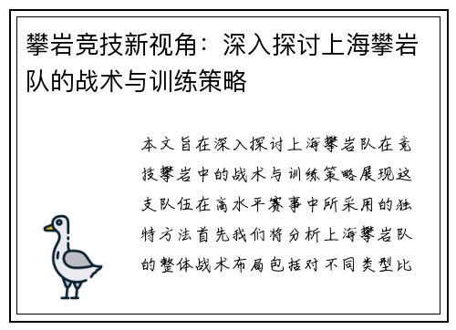 攀岩竞技新视角：深入探讨上海攀岩队的战术与训练策略