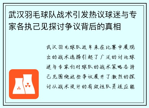 武汉羽毛球队战术引发热议球迷与专家各执己见探讨争议背后的真相