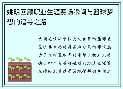 姚明回顾职业生涯赛场瞬间与篮球梦想的追寻之路