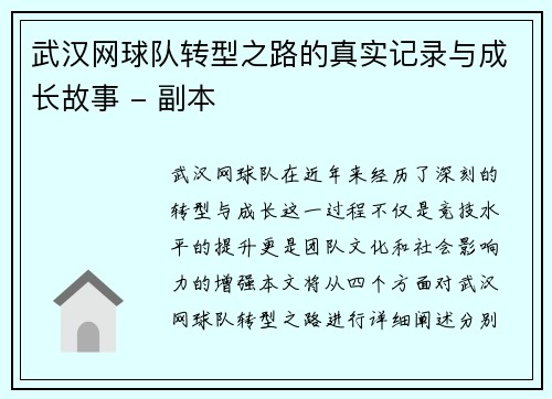 武汉网球队转型之路的真实记录与成长故事 - 副本