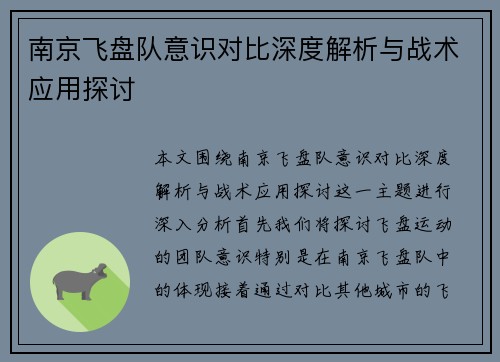 南京飞盘队意识对比深度解析与战术应用探讨